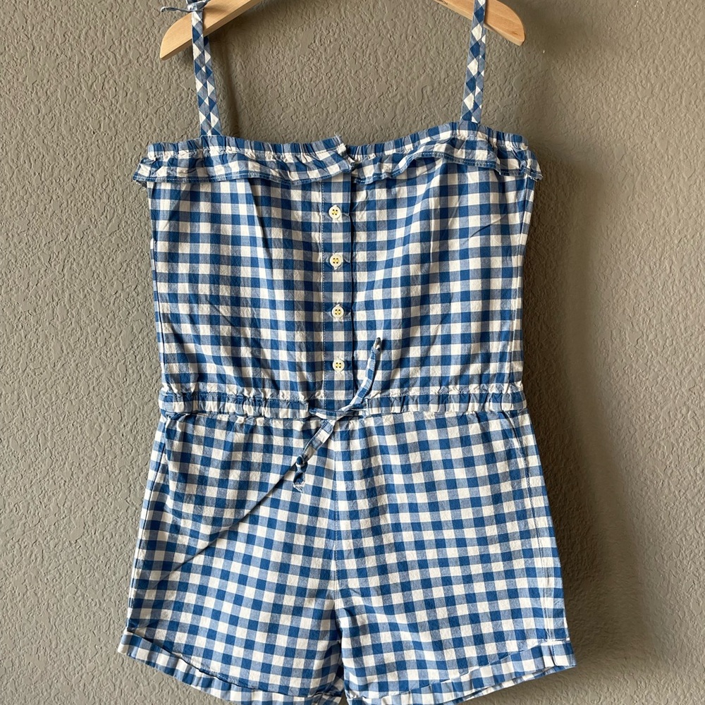 Petit Bateau Blue/White Gingham Romper, GIRLS' SIZE 8/126 cm